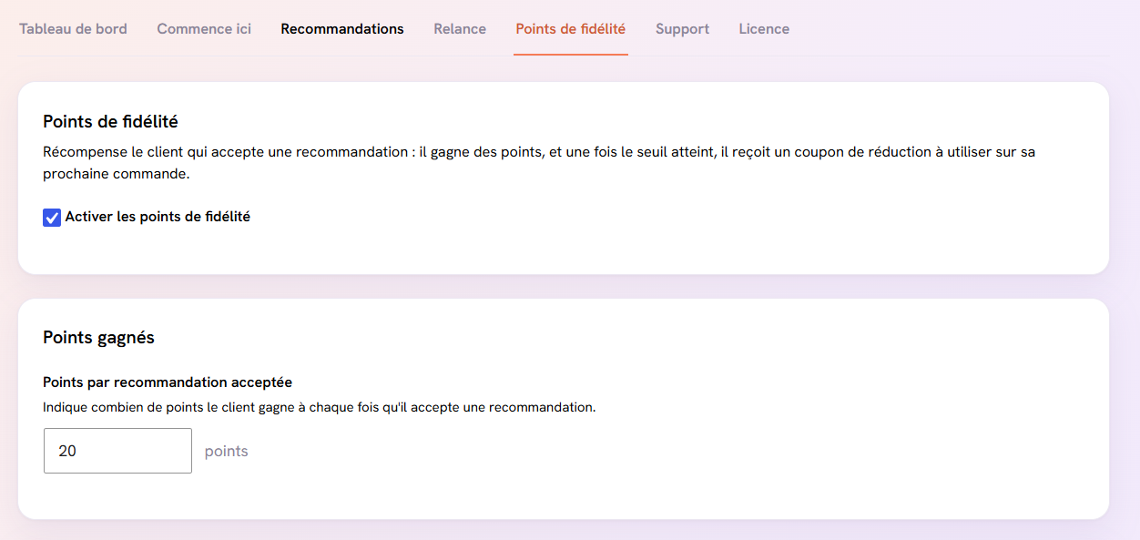 Écran Points de fidélité d'AddonGain : points par recommandation acceptée et coupon de récompense