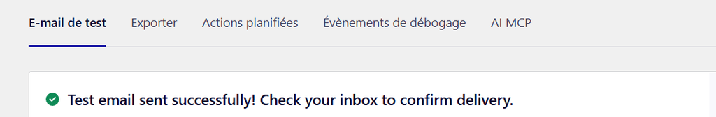 Easy WP SMTP, onglet E-mail de test : le message confirmant que l'e-mail de test est parti
