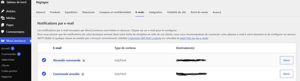 Réglages WooCommerce, onglet E-mails : la liste des notifications envoyées par e-mail et leurs destinataires