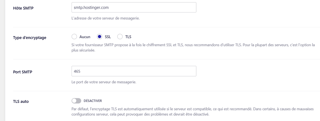 Réglages d'Easy WP SMTP : hôte SMTP, type de chiffrement SSL et port 465