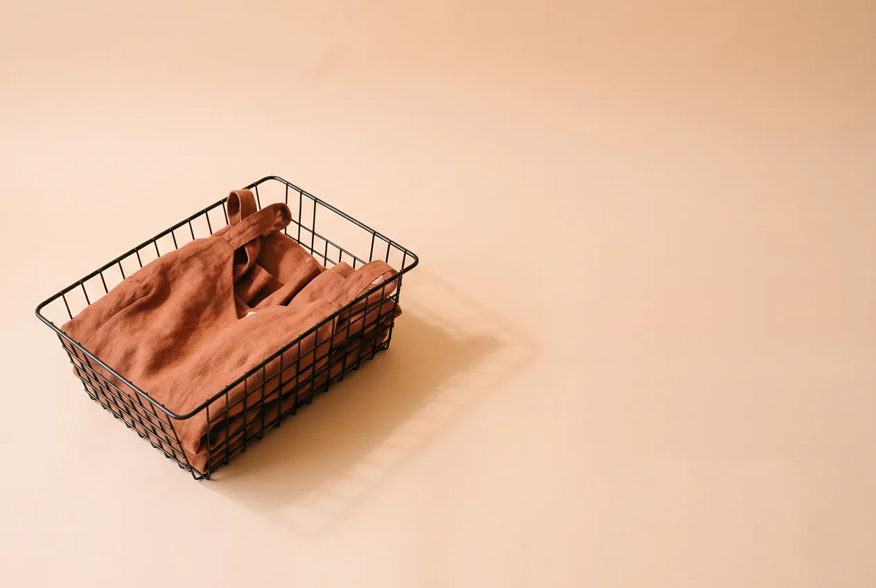 Robe en lin terracotta pliée dans un panier en fil de fer noir, sur fond pêche