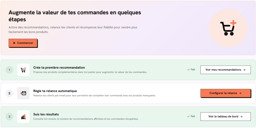 Écran « Commence ici » d'AddonGain : les trois étapes pour démarrer (recommandation, relance, résultats)