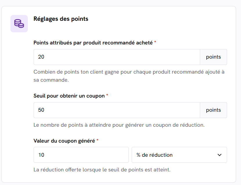 Réglages des points de fidélité dans AddonGain : points par produit recommandé, seuil du coupon et valeur de la réduction
